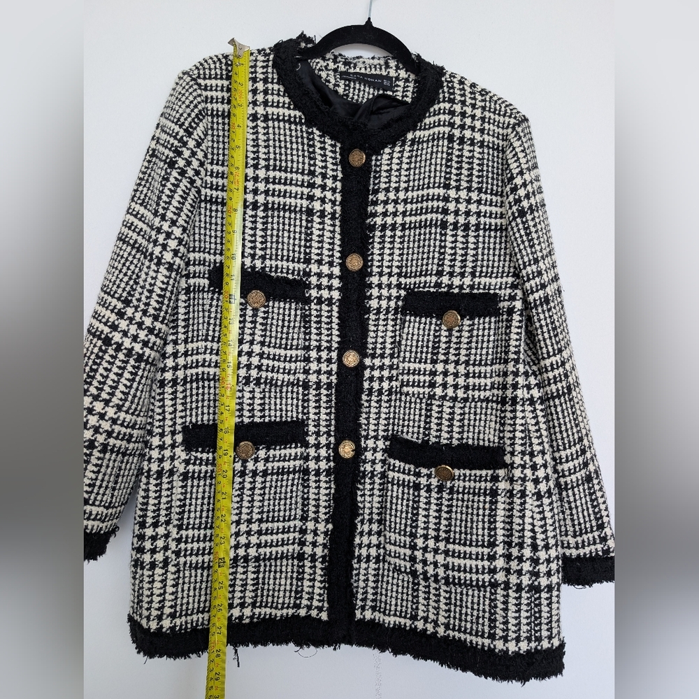 Zara Wool Blend Long Tweed Plaid Houndstooth Lady Jacket Blazer Sz XL Elegant - Picture 8 of 16